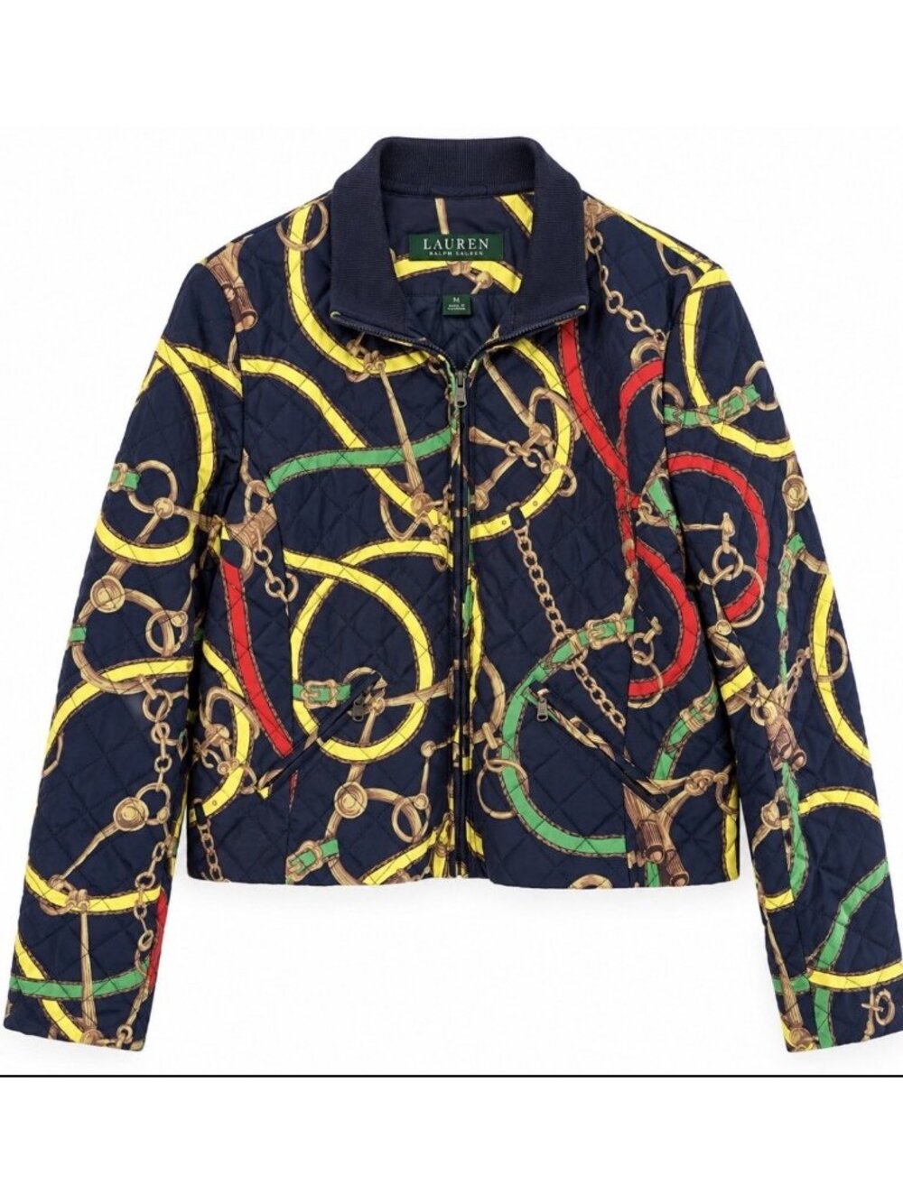 Ralph Lauren Vintage Puffer Jacket bomber quilted Chain Belt XL Midnight Blue